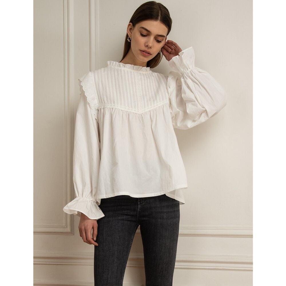Rouje Damas Long Sleeve Ruffle Trim Babydoll Blouse Beige Women's Size Small
